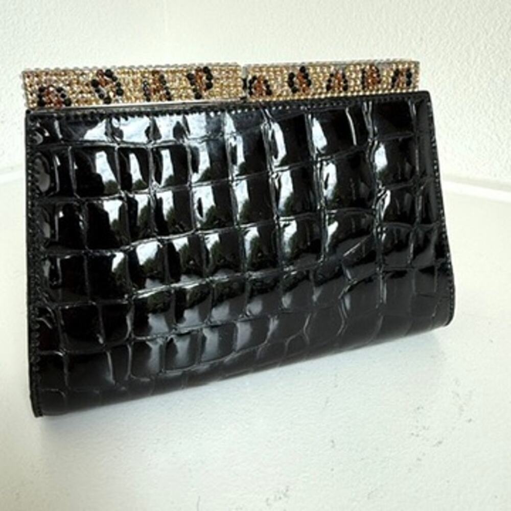 Isabella Adams New York Black Patent Crystal Embellished Evening Clutch‎